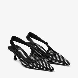 JIMMY CHOO Amel 50 Black Crystal Embellished Mesh Satin Slingback Heels EU 39.5